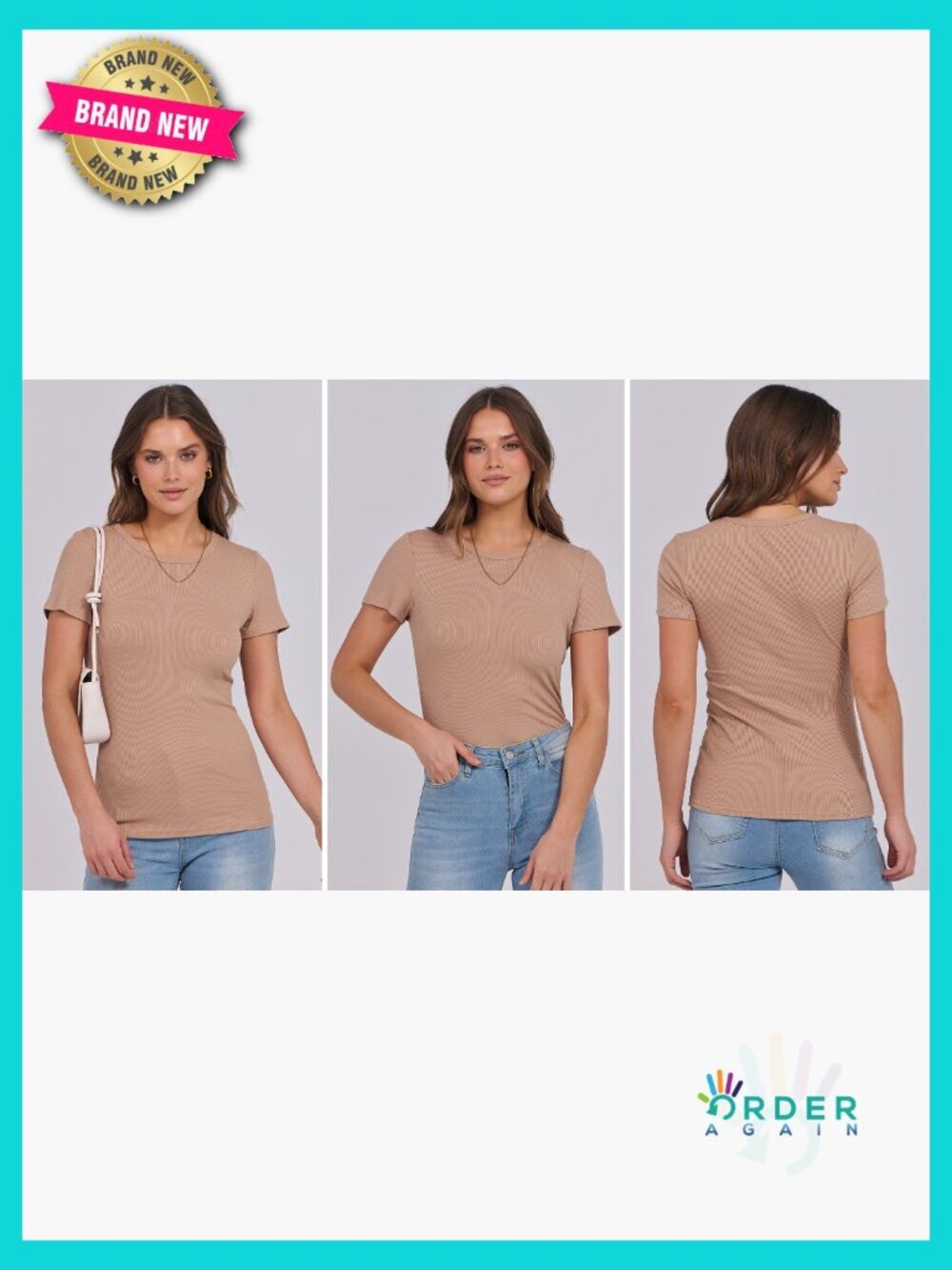 Short Sleeve Crewneck Ribbed Knit Slim Fitted Tee Basic Summer Top - Picture 7 of 7